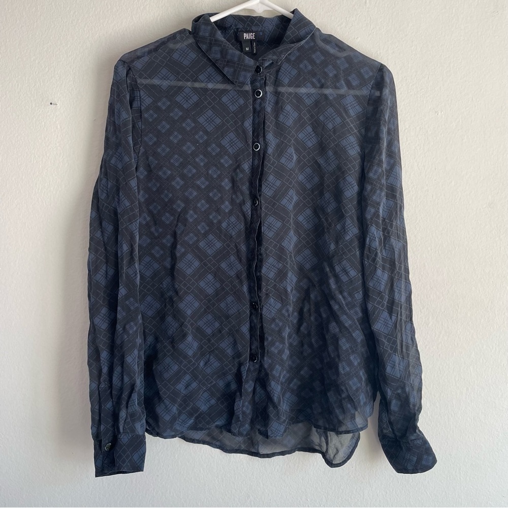Paige silk blue geometric pattern print button down blouse lightweight lux